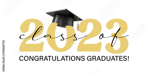 Vector illustration. Class of 2023 badge design template in black and gold colors. Congratulations graduates 2023 banner sticker card with academic hat for high school or college graduation