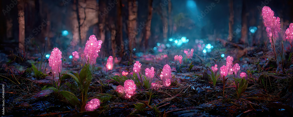 Fototapeta premium colorful fantasy forest foliage at night, glowing flowers and beautifuly butterflies as magical fairies, bioluminescent fauna as wallpaper background