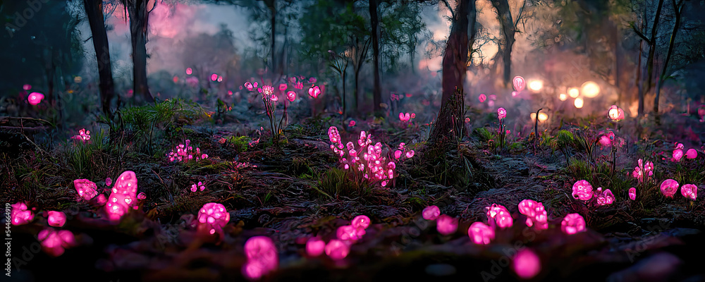 Naklejka premium colorful fantasy forest foliage at night, glowing flowers and beautifuly butterflies as magical fairies, bioluminescent fauna as wallpaper background