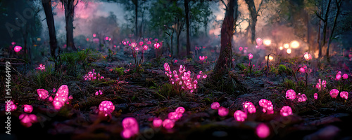 colorful fantasy forest foliage at night  glowing flowers and beautifuly butterflies as magical fairies  bioluminescent fauna as wallpaper background