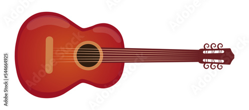 Guitar vector illustration. Wooden acoustic guitar on transparent background. Guitar horizontal clip art. Music instrument. Burgundy color guitar. 