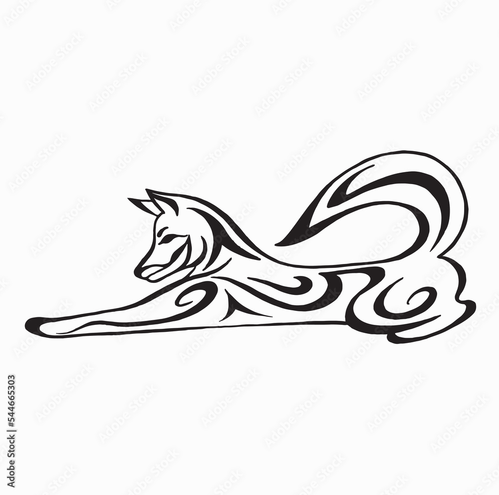 Vector black and white silhouette of a jump fox. Hand drawing illustration on white background. Calligraphy drawing. Tattoo design. Linear drawing. Vector black and white silhouette of a jump fox. Hand drawing illustration on white background. Calligraphy drawing. Tattoo design. Linear drawing.