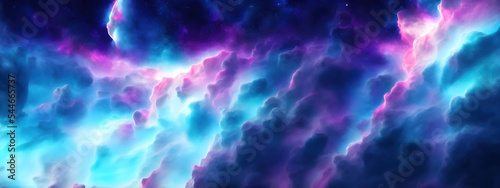 Nebula galaxy background with blue purple outer space 3D cosmos clouds and beautiful universe night stars 8K photo