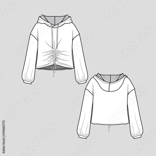 knotted Hem Crop Hoodie Sweatshirt Drop Shoulder long Sleeve Gathering shirred ruched Hem knot cropped Fashion flats sketch technical drawing template