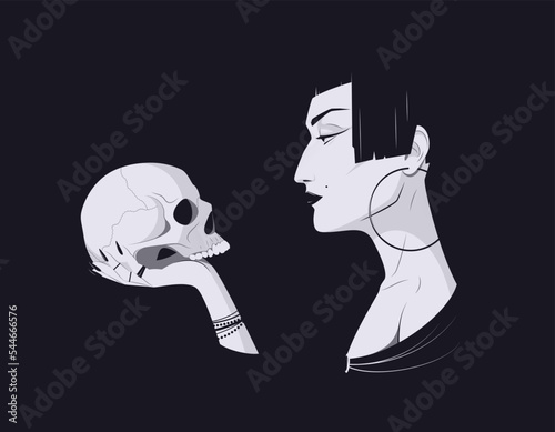 Woman witch holds a human skull on her hand and looks at it. Dark magic vector illustration. 