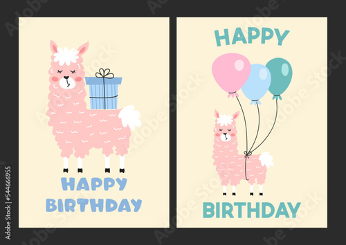A set of birthday cards. Postcard with cute llamas and balloons.