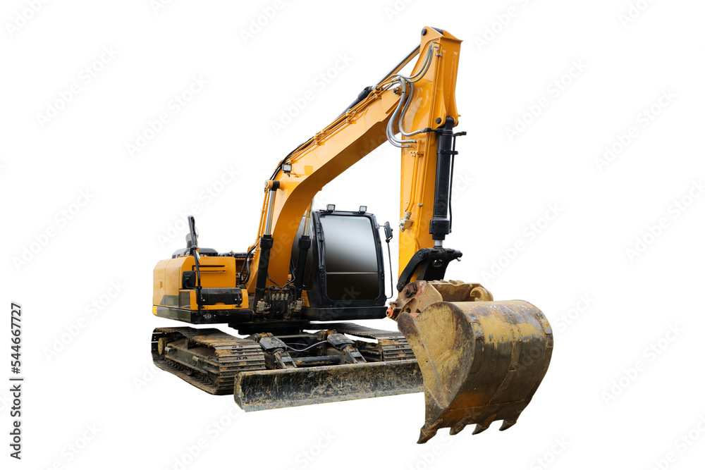 Heavy modern yellow digger excavator isolated on a transparent background.  - obrazy, fototapety, plakaty 