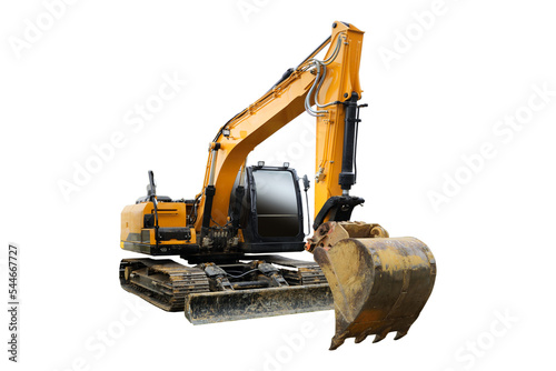 Heavy modern yellow digger excavator isolated on a transparent background. 
