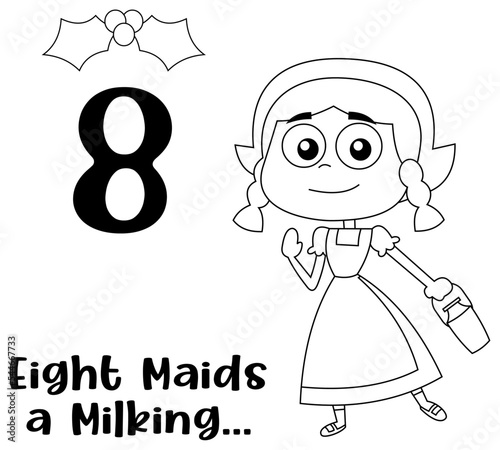 Outlined The 12 Days Of Christmas - 8Th Day - Eight Maids A Milking. Vector Hand Drawn Illustration Isolated On White Background With Text