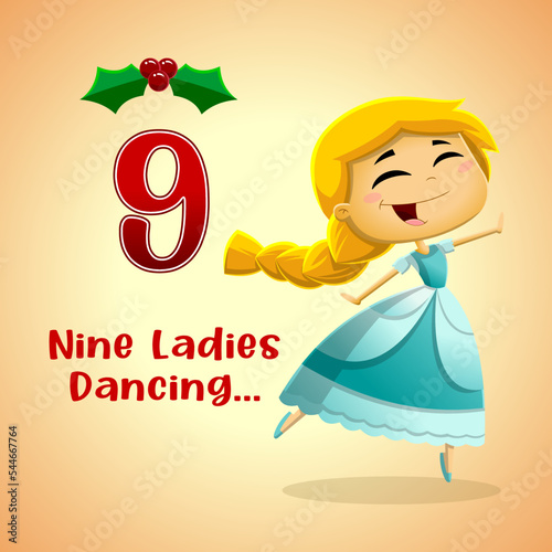 The 12 Days Of Christmas - 9Th Day - Nine Ladies Dancing. Vector Hand Drawn Illustration With Background And Text