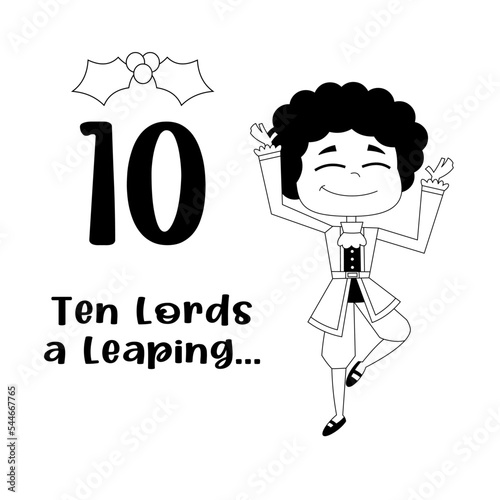 Outlined The 12 Days Of Christmas - 10Th Day - Ten Lords A Leaping. Vector Hand Drawn Illustration Isolated On White Background With Text