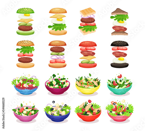 Different Salads in Bowl and Burgers with Ingredients Big Vector Set