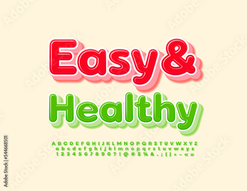 Vector abstract advertisement Easy and Healthy with stylish Font. Green glossy Alphabet Letters, Numbers and Symbols set