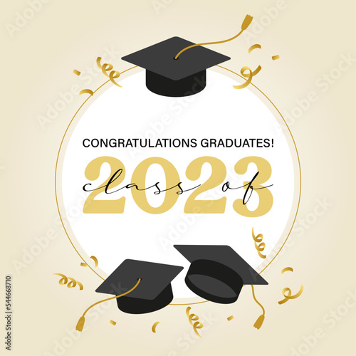 Vector illustration. Class of 2023 badge design template in black and gold colors. Congratulations graduates 2023 banner sticker card with academic hat for high school or college graduation