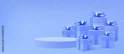 Gift boxes 3d vector background. 3d blue present boxes and podium. Realistic gift boxes. Holiday poster, web banner. Christmas, New Year, Valentines Day, Birthday present.