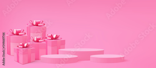 Gift boxes 3d vector background. 3d pink present boxes and podium. Realistic gift boxes. Holiday poster, web banner. Christmas, New Year, Valentines Day, Birthday present.