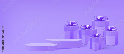 Gift boxes 3d vector background. 3d purple present boxes and podium. Realistic gift boxes. Holiday poster, web banner. Christmas, New Year, Valentines Day, Birthday present.