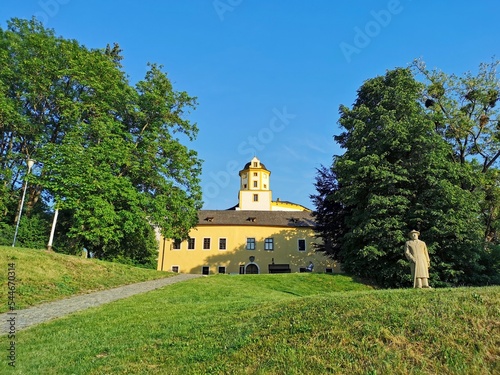 Malenovice Castle, Zlin Region, Malenovice, Statue of Count Jaroslav Sternberg, sunny day, view from afar