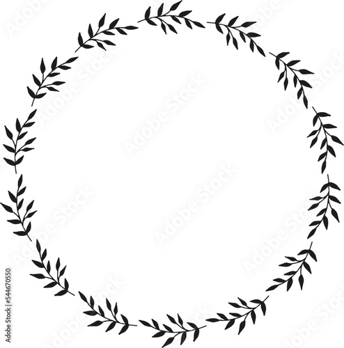 Round frame with doodle black branches on white background. Vector image.