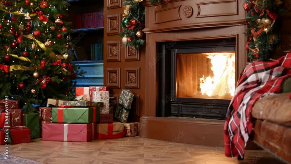 New Year's interior with fireplace and Christmas tree