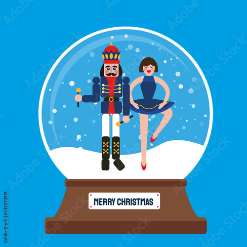Merry Christmas glass ball with Nutcracker and Clara Girl Ballerina at snow. Doll guard. Cute soldier toy. December Ballet party. Creative Merry Xmas invitation. Happy New Year. Winter holidays