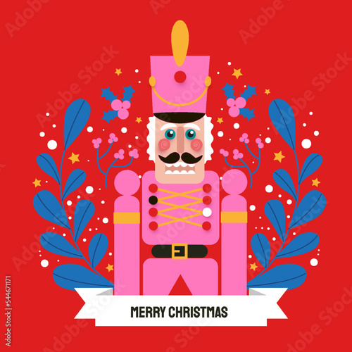 Christmas greetings with Nutcracker and wreath. Doll guard. Cute soldier toy. December Ballet party. Creative Merry Xmas invitation. Happy New Year. Winter holidays on pink.