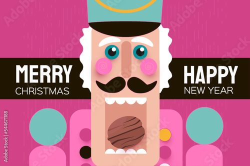 Nutcracker with open mouth and nut. Doll guard. Cute soldier toy. December Ballet party. Creative Merry Xmas invitation. Happy New Year. Winter holidays on pink.