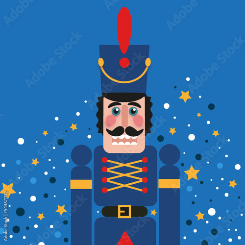 Christmas Blue Nutcracker. Doll guard. Cute soldier toy. December Ballet party. Creative Merry Xmas invitation. Happy New Year. Winter holidays.
