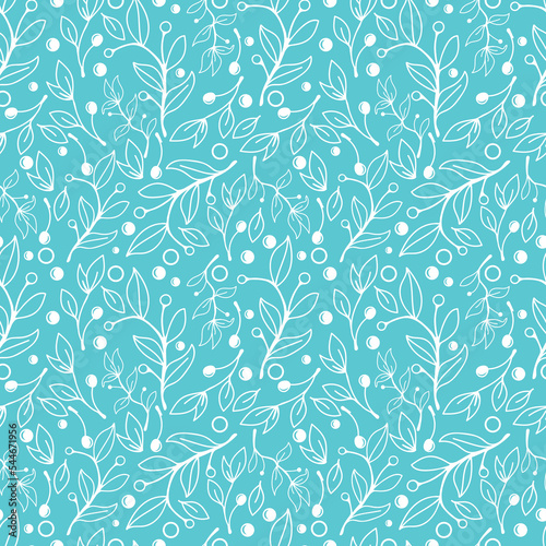 Seamless vector pattern in doodle style. Simple twigs, leaves, branches with berries on a turquoise background. Botany, plants