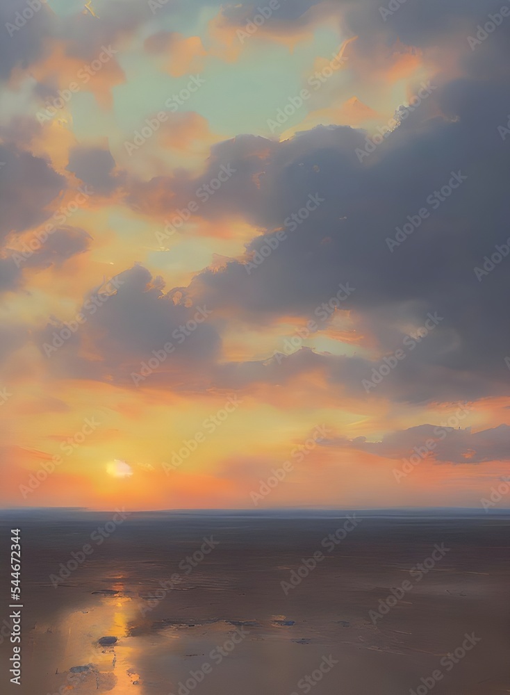 sea, beach, sunset view with dramatic clouds, digital illustration
