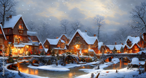 Fotografie, Obraz Beautiful Old Christmas Village snow rivers and ponds Illustration background