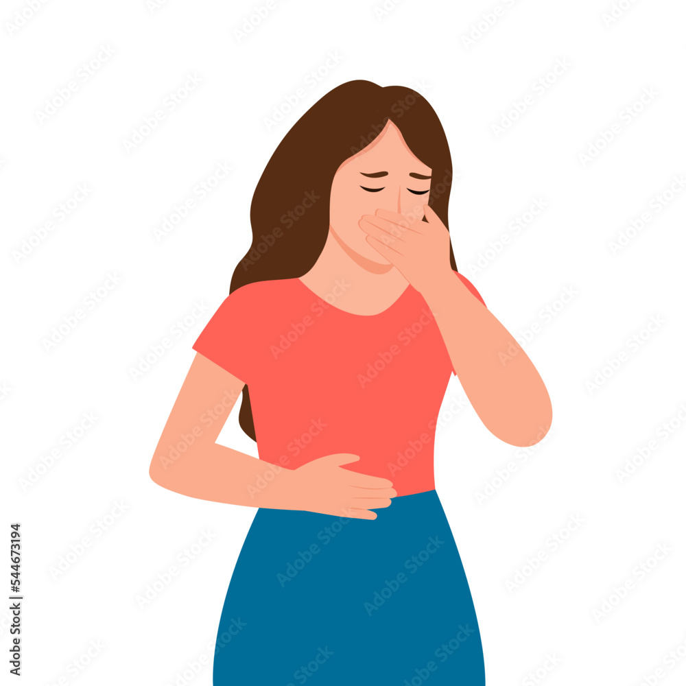 The woman suffers from nausea. Nausea during pregnancy, vomiting. Symptom of illness, health problems. Poisoning,Abdominal pain.Isolated flat vector illustration