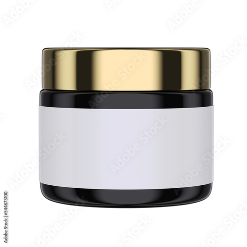 3D mockup of a black glossy jar with a gold lid.