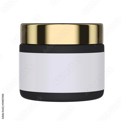 3D mockup of a black jar with a gold lid.
