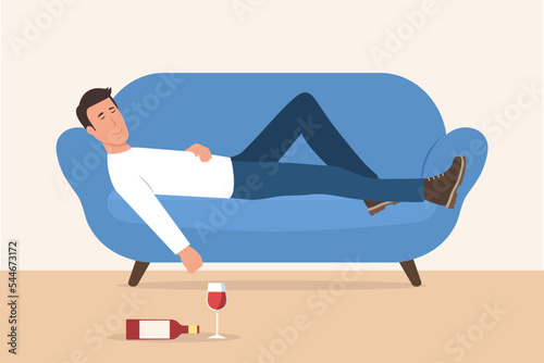 Drunk man sleeping on the sofa. Wine glass and alcohol bottle on the floor.Woman has alcohol addiction. Vector illustration