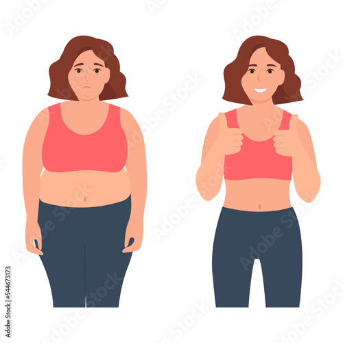 Before and after weight loss. Young sad woman with overweight and same happy woman with slim body. Vector illustration