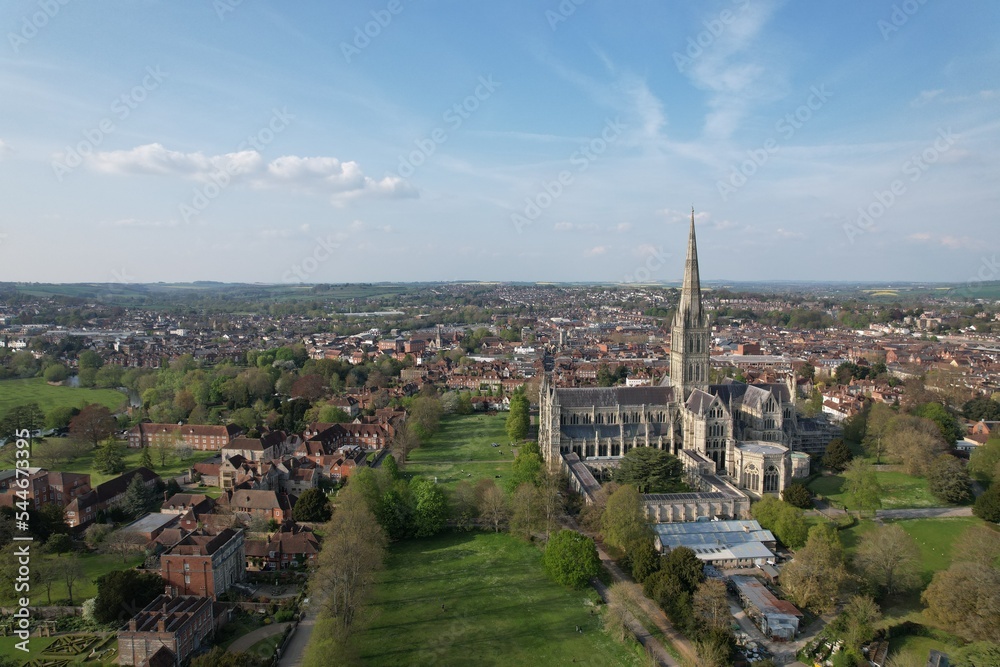 Salisbury medieval cathedral city England drone aerial view.