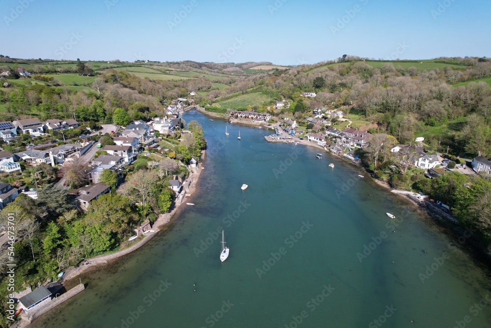 Noss mayo and Newton Ferrers village in south Devon drone aerial view