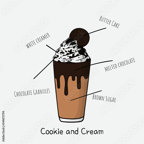 Drink vector illustration with Melted chocolate, creamer and butter cookies design