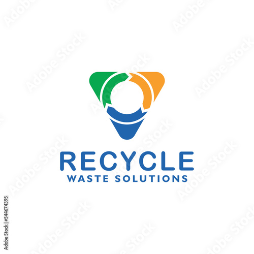 Recycle with circle arrow logo design vector for waste solution in blue green yellow color