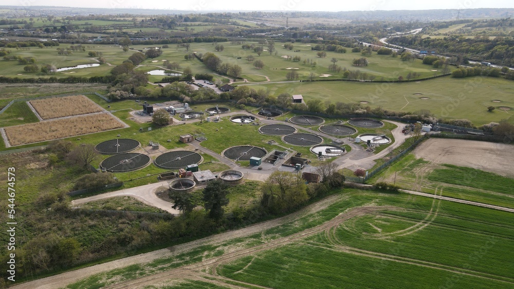 Sewage treatment site Essex UK drone aerial view