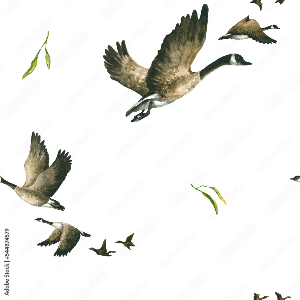 Obraz premium Seamless pattern with watercolor wild geese and green leaves. Hand drawn illustration is isolated. Flying wedge of birds is perfect for natural design, eco print, fabric textile, autumn background