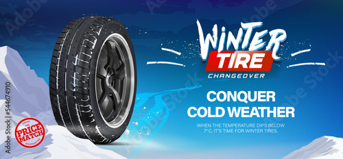 Car tires winter background. Tire single in cold color. Change a car wheels from summer for winter. Realistic vector. Information. Store. Action. Landscape poster, digital banner, flyer. Tire in snow.