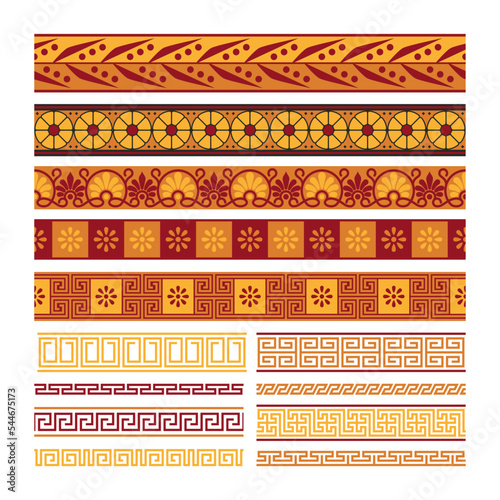 Greek horizontal pattern. Ancient meander ornament with flowers, antique mediterranean geometric floral frames borders. Vector set of ancient meander pattern illustration