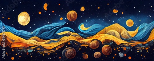 Background illustration inspired by the painting of Vincent Van Gogh - Moonlit Night. Abstract futuristic landscape. Glowing moon and starry sky with planets abstract background. Backdrop.