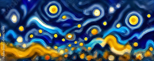 Background illustration inspired by the painting of Vincent Van Gogh - Moonlit Night. Abstract futuristic landscape. Glowing moon and starry sky with planets abstract background. Backdrop.