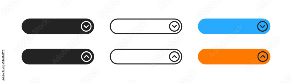 Drop down menu icon on white background. List bar. Navigation element. Arrow, cirlce, rounded design. Web ui for apps. Colored flat design.