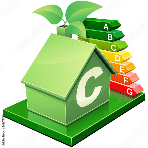 3D light green house with the letter C inscribed on it with the symbol of energy efficiency in the background with green leaves coming out of the chimney (cut out)