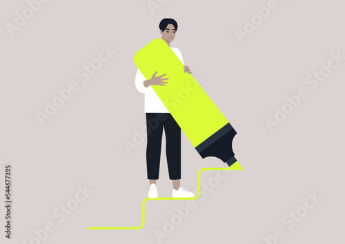 Young male Asian character drawing staircase steps with a huge neon yellow highlighter, ambitions and careerism