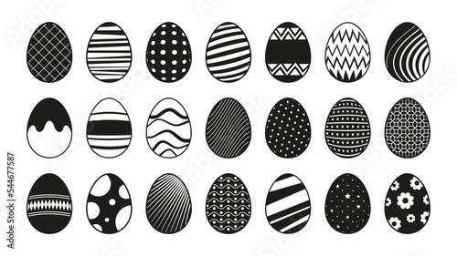Easter eggs black icons. Abstract decorative elements for traditional spring holiday celebration, flat doodle stencil egghunting decoration. Vector set of spring easter eggs illustration